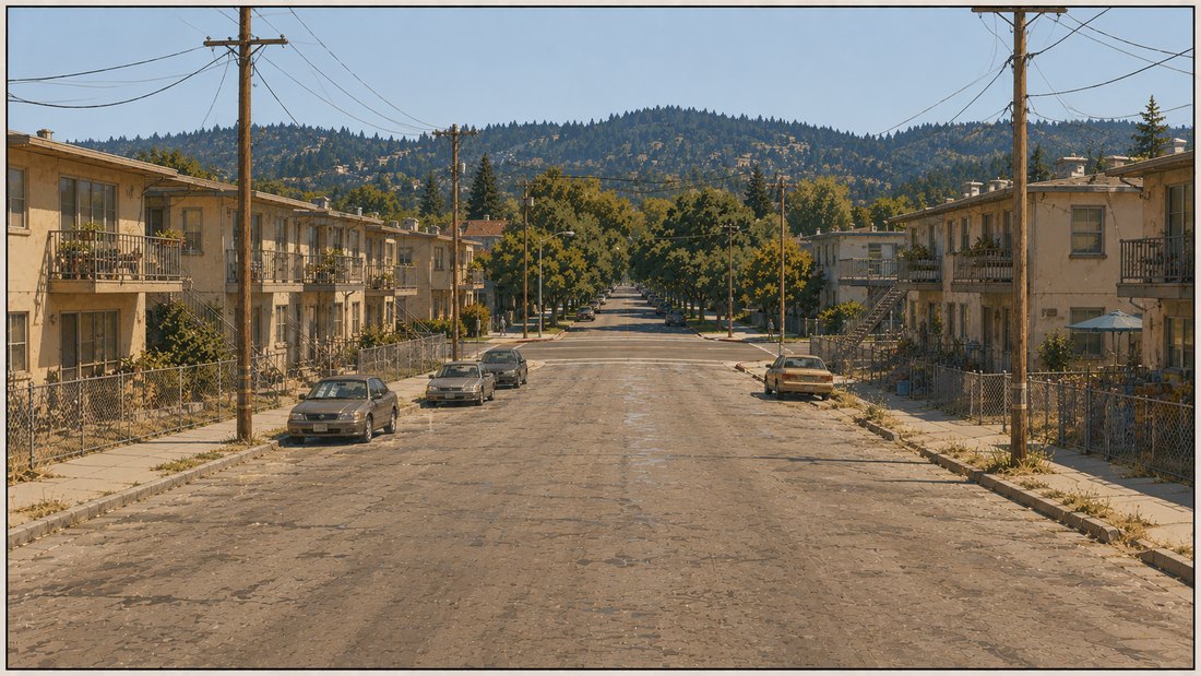 Comic panel: a wide view over one city on a hot afternoon, where the near half is bare asphalt and packed rooftops under a hot reddish cast, and the far half is a full green tree canopy under cooler light.