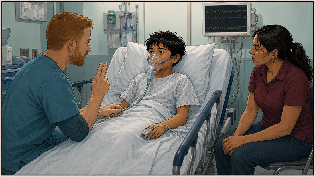 Comic panel: Andre sits propped up on a gurney in a nebulizer mask with visible mist and a pulse oximeter clip on his finger, while a respiratory therapist in teal scrubs kneels at his eye level holding up two fingers to show a slow breathing rhythm, and Rosa leans forward from a chair.