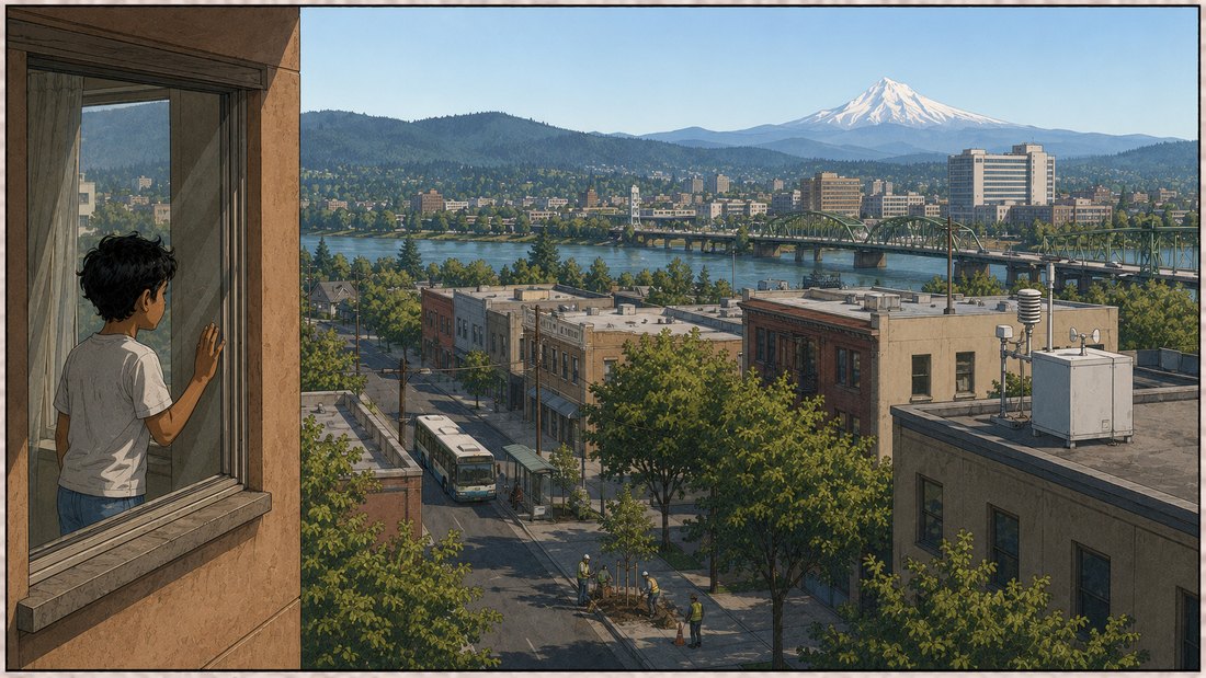 Comic panel: a wide clear morning over the same neighborhood, Andre small at his window on the left, and across the middle distance an air-quality monitoring station on a rooftop, a crew planting a young street tree, a bus at a shaded stop, a river and a bridge, and a snow-capped mountain on the horizon.