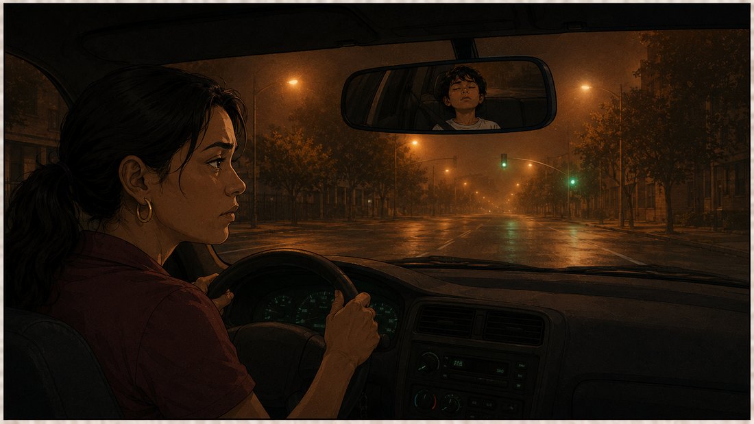 Comic panel: the inside of an older sedan at night, Rosa at the wheel glancing into the rear-view mirror where Andre is reflected in the back seat, an empty street ahead with streetlights wearing thick orange halos in the haze.
