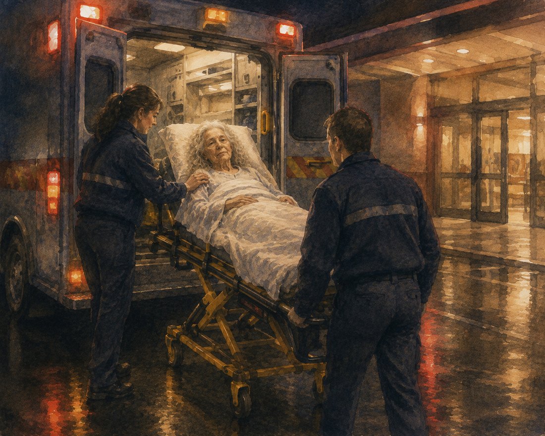 Watercolor: on wet pavement outside a lit hospital entrance, two ambulance crew ease Ruth's stretcher out of the back of the ambulance, one with a hand on her shoulder, her face calm and lit under a warm blanket.