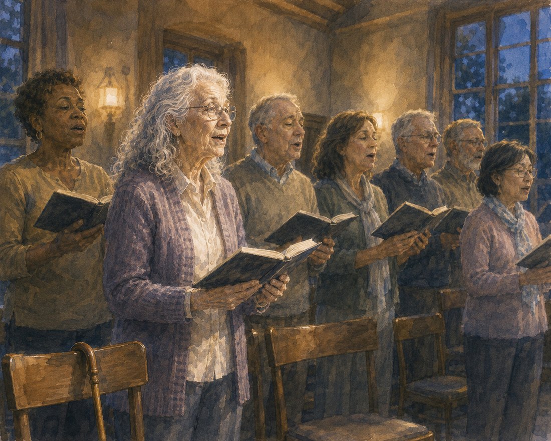 Watercolor: in a warm church hall on a spring evening, Ruth stands singing in a small choir, hymnal held in both hands and chin lifted, a wooden cane hooked unused over the back of the chair beside her.