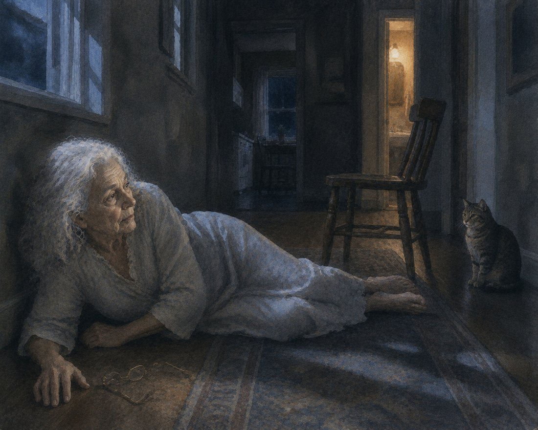 Watercolor: seen from floor level, Ruth lies on her side on the hallway rug of her old house in a pale nightgown, her gold-rimmed glasses fallen beside her open hand, the wooden chair she tripped on standing over her and Earl the gray tabby sitting upright a few feet away, watching.