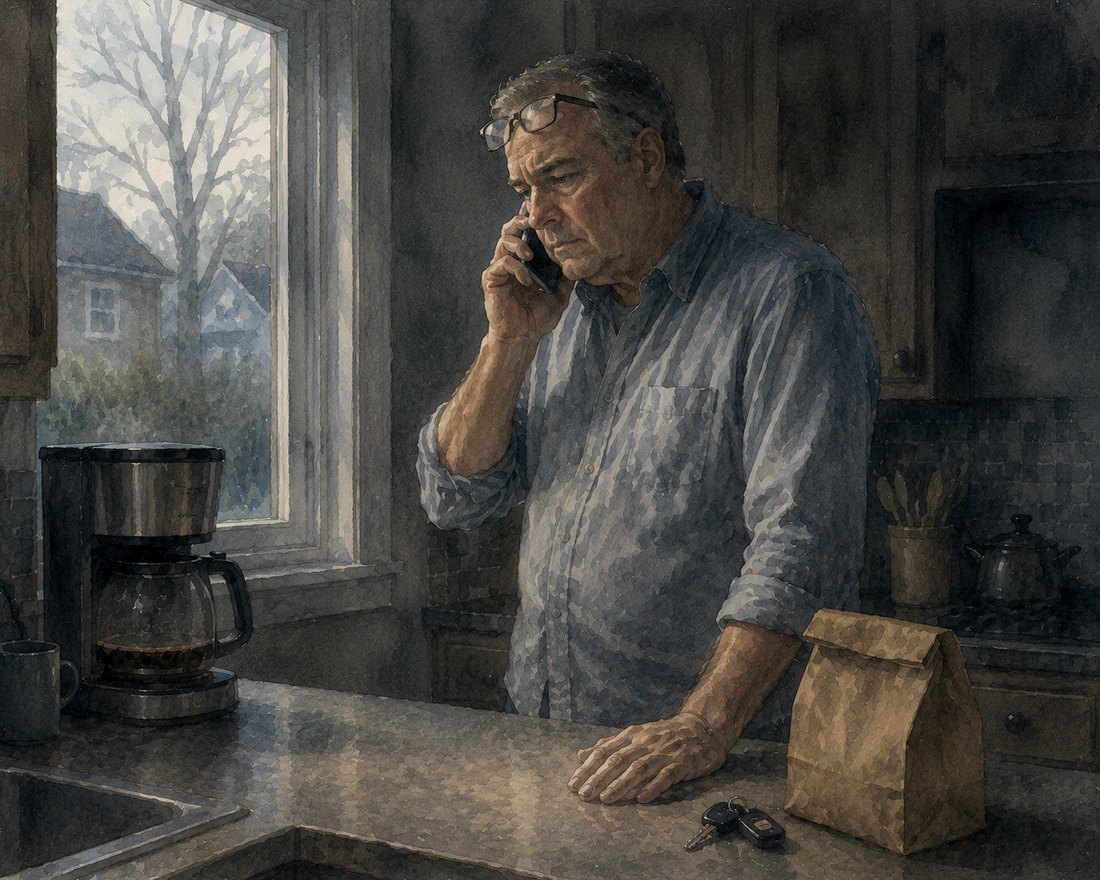 Watercolor: at six in the morning in a suburban kitchen, Mark stands very still with a phone to his ear, one hand flat on the counter, a coffee maker mid-cycle and his car keys forgotten beside him.
