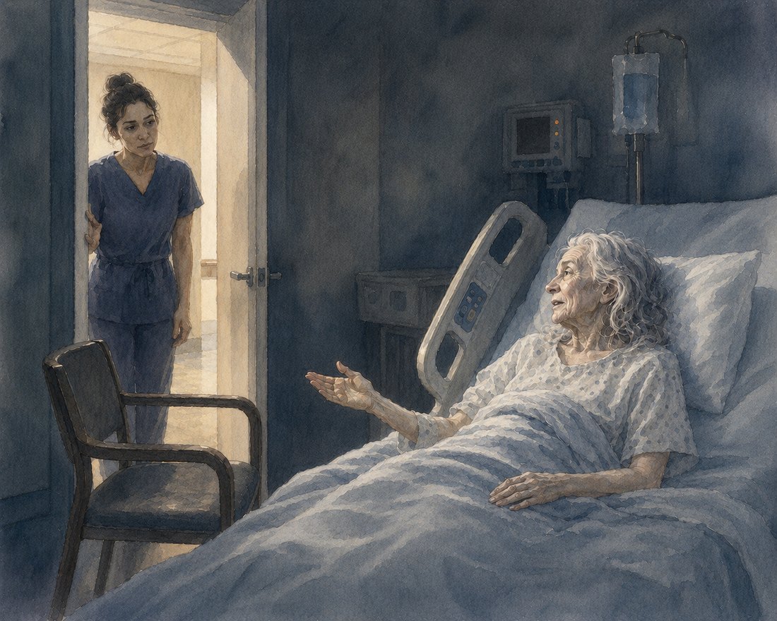Watercolor: a darkened hospital room at two in the morning, Ruth propped up in bed speaking gently toward an empty chair, while a young nursing assistant in dark scrubs stops in the lit doorway to listen.