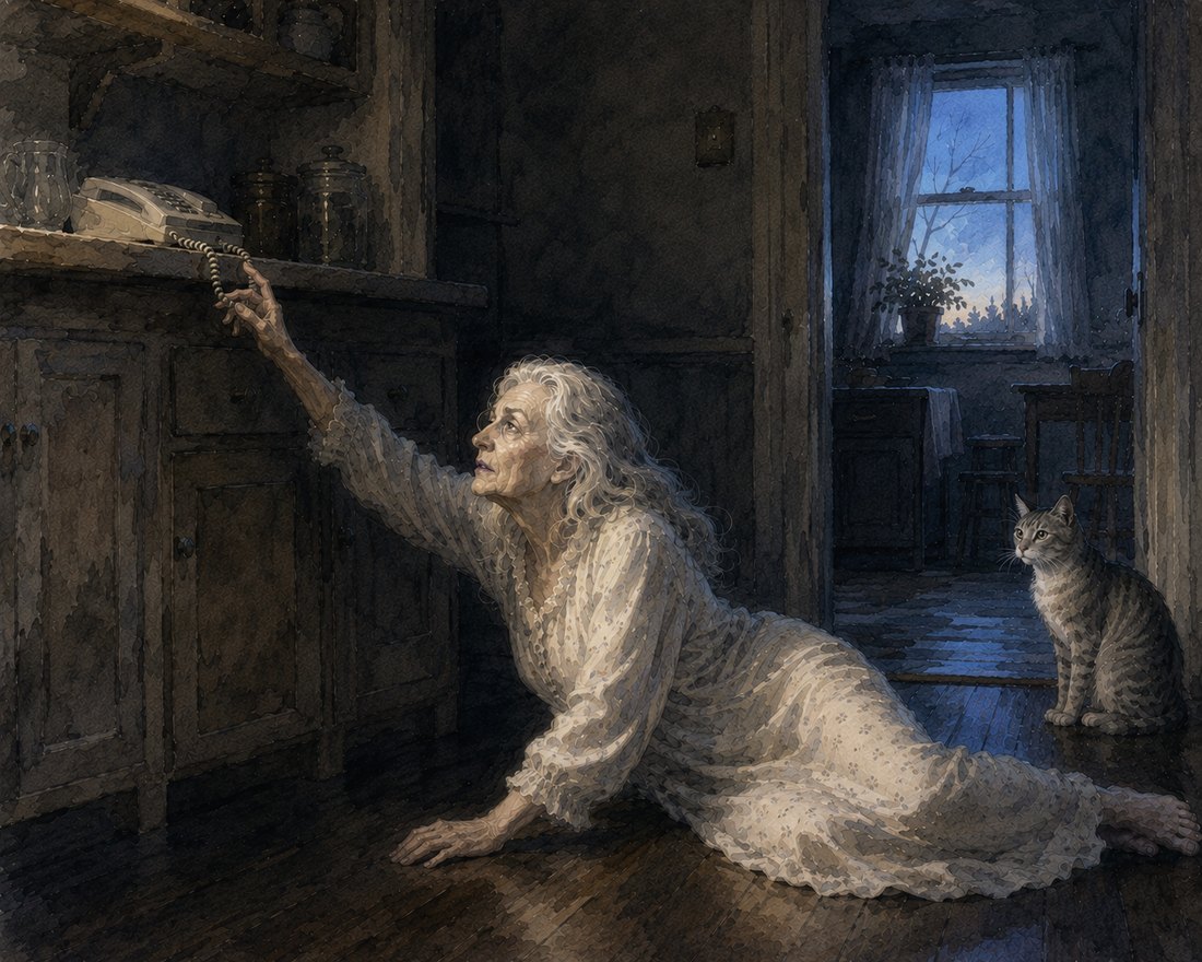 Watercolor: just before dawn, Ruth lies on the kitchen floor in her nightgown, propped on one elbow, one arm stretched up to a corded telephone on the counter, her fingertips catching the cord while Earl the cat watches from the doorway.