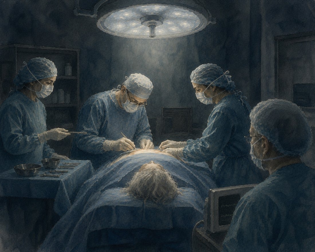 Watercolor: an operating room seen from the head of the table, cool blue-green light from the surgical lamp, a small elderly woman draped in sterile blue with her face turned away while four gowned and masked figures work calmly around her.