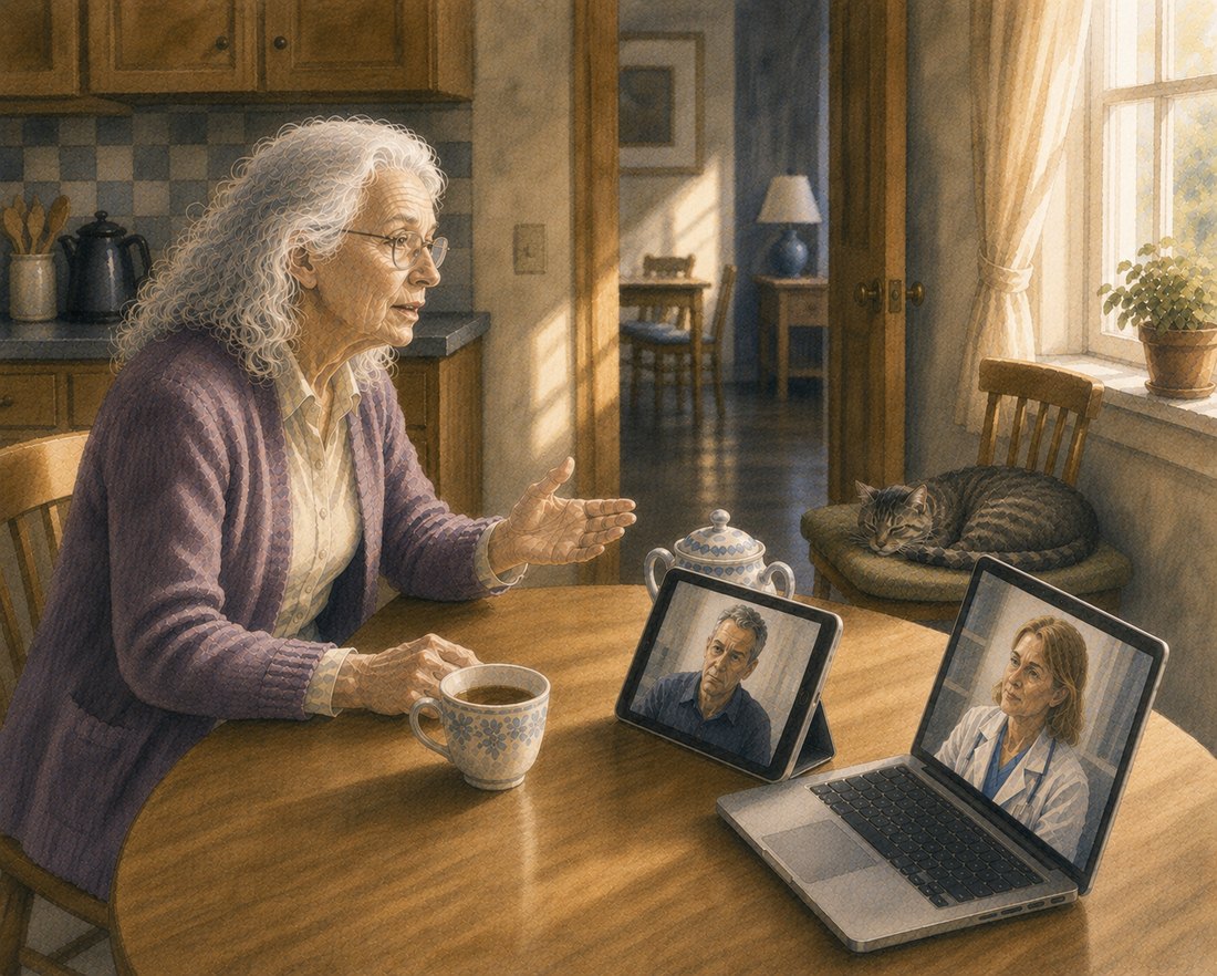 Watercolor: Ruth at her own kitchen table in late afternoon light, mid-sentence with one hand open, a tablet propped against the sugar bowl showing her son and a laptop showing her doctor, Earl asleep on a cushion behind her.