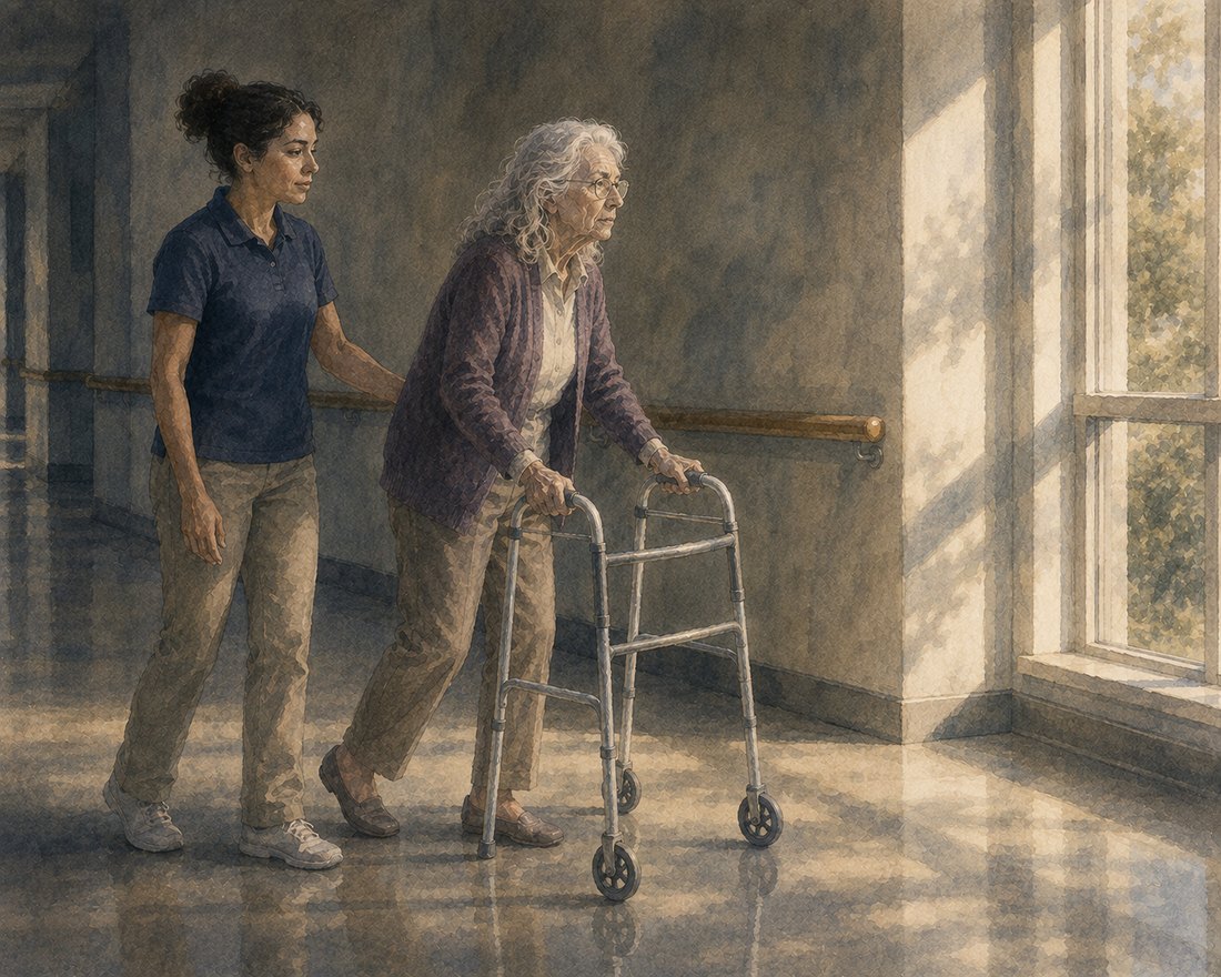 Watercolor: a wide rehabilitation corridor in bright morning light, Ruth in profile behind a wheeled walker with one heel lifted mid-step, a therapy assistant walking beside her with one hand hovering near her waist.