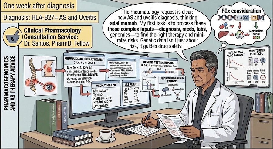Comic panel: the clinical pharmacology consultant reviews Jordan&rsquo;s rheumatology consult request, medication list, labs, and genetic report across his screens, weighing adalimumab.