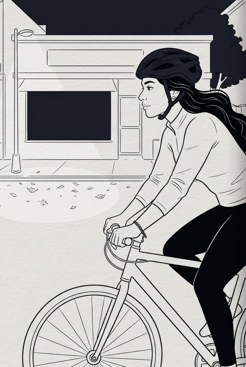 Ink illustration of Sofía in a bicycle helmet riding past the lit bakery window at night