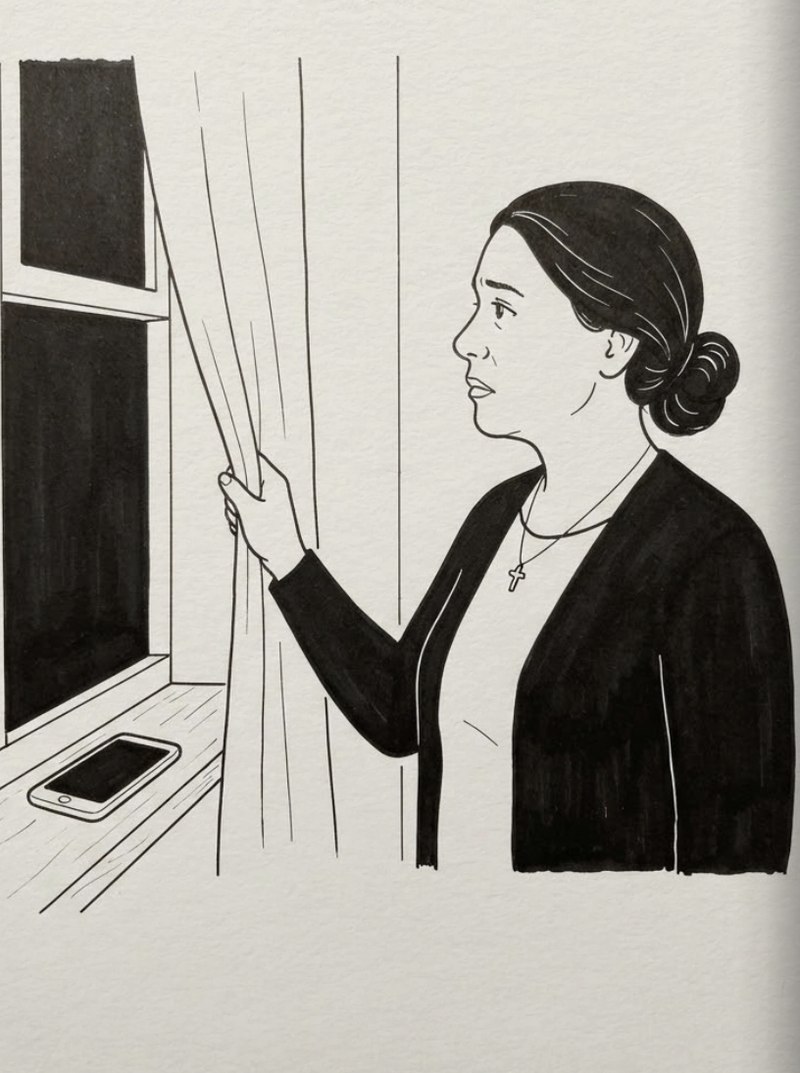 Ink illustration of Rosa at the apartment window at night, holding back the curtain, a dark phone on the sill