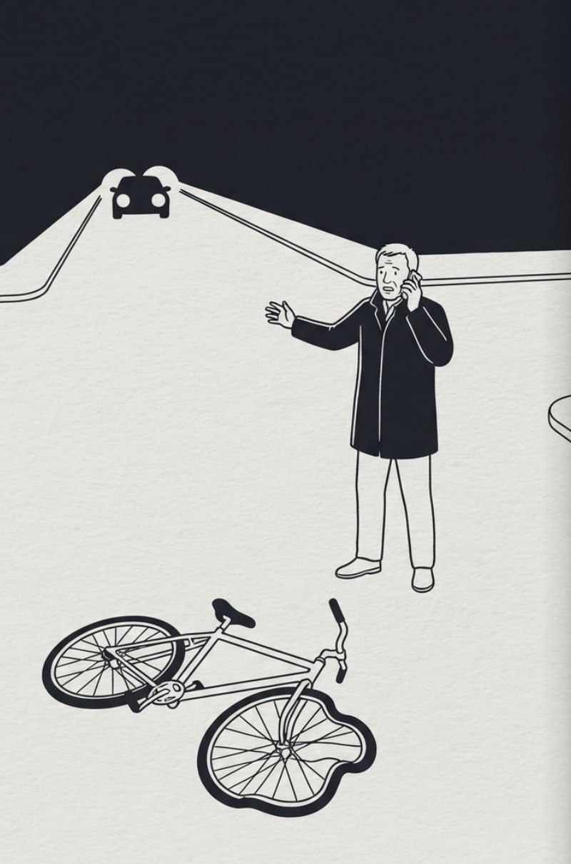Ink illustration of the night intersection: a fallen bicycle with a bent wheel and a stranger calling 911
