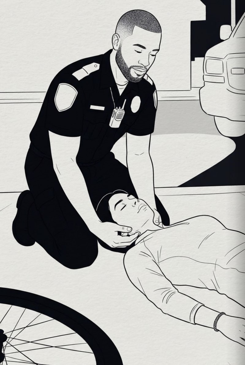 Ink illustration of the paramedic kneeling at Sofía's head beside her fallen bike, steadying her neck with both hands