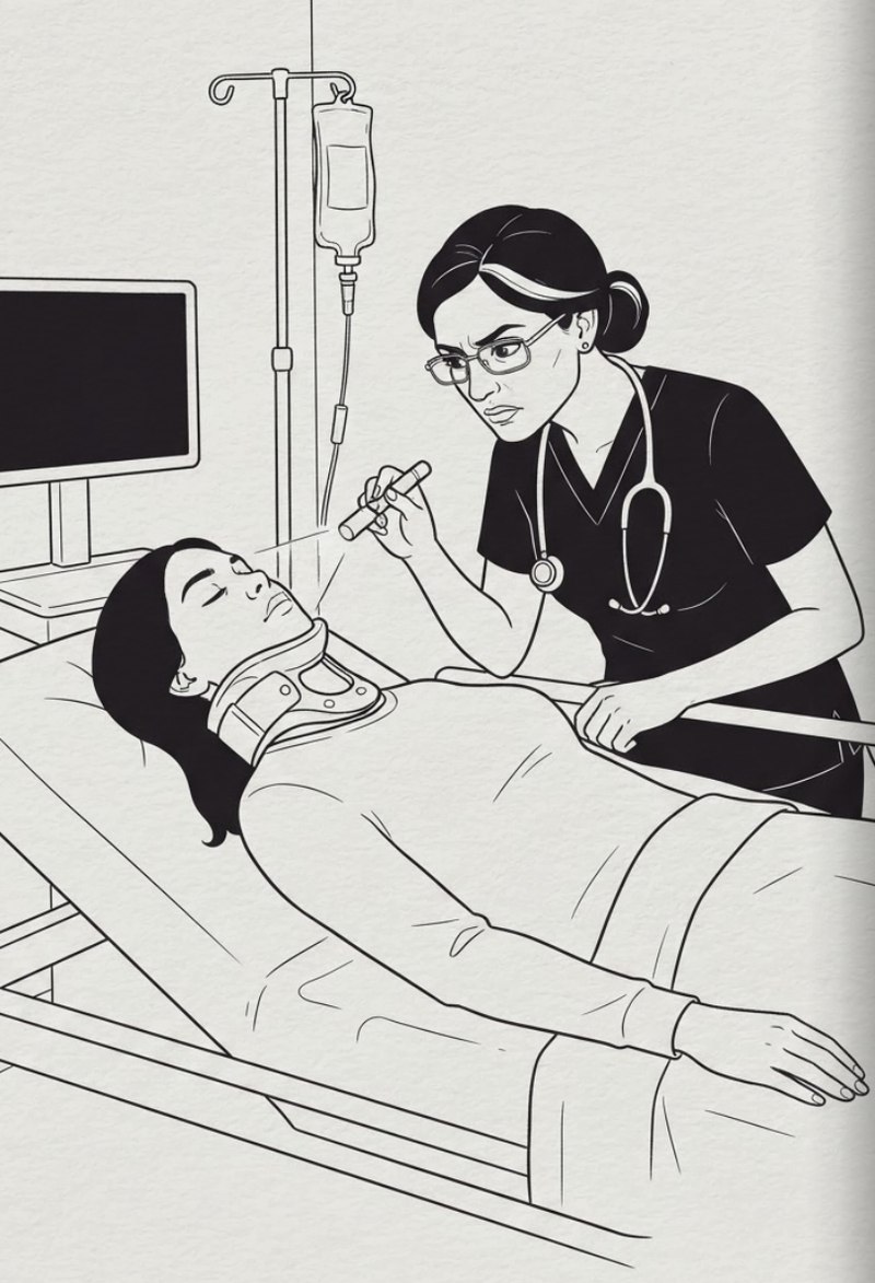 Ink illustration of Dr. Patel in the trauma bay leaning over Sofía, who lies on a gurney in a cervical collar