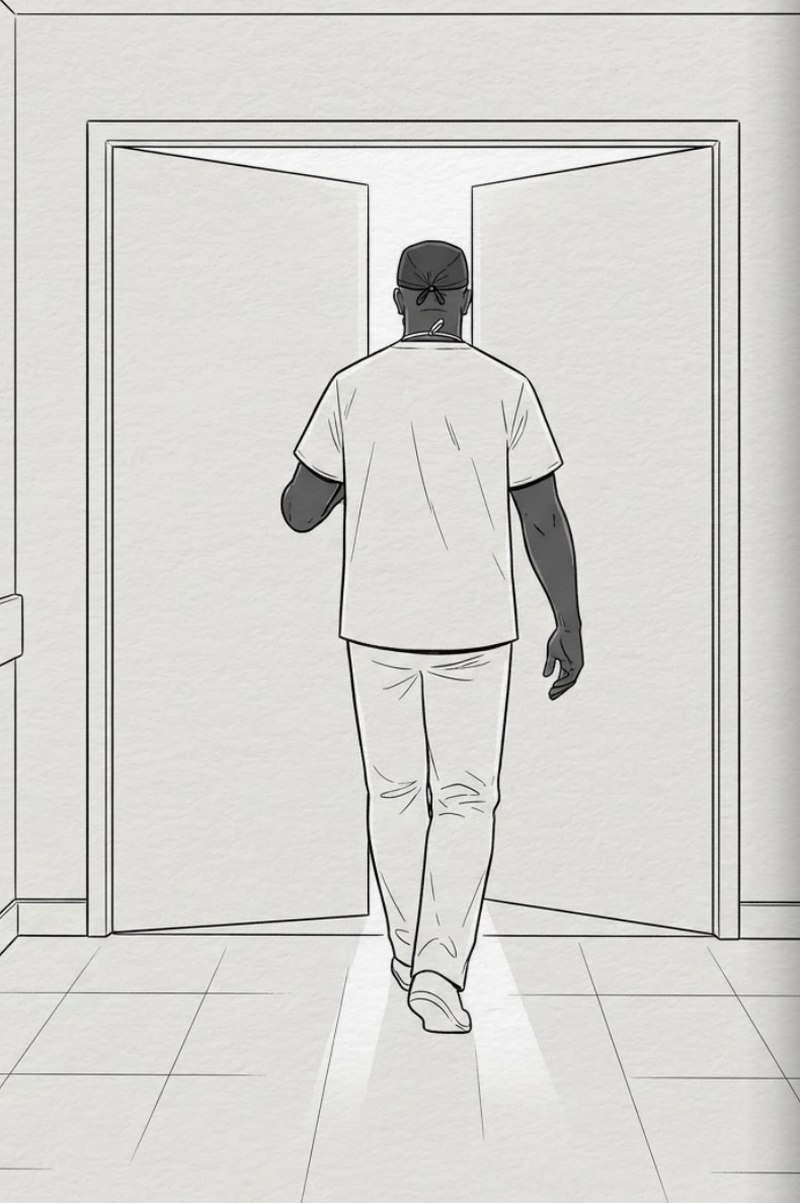 Ink illustration of the neurosurgeon seen from behind, walking through double doors into the bright operating corridor