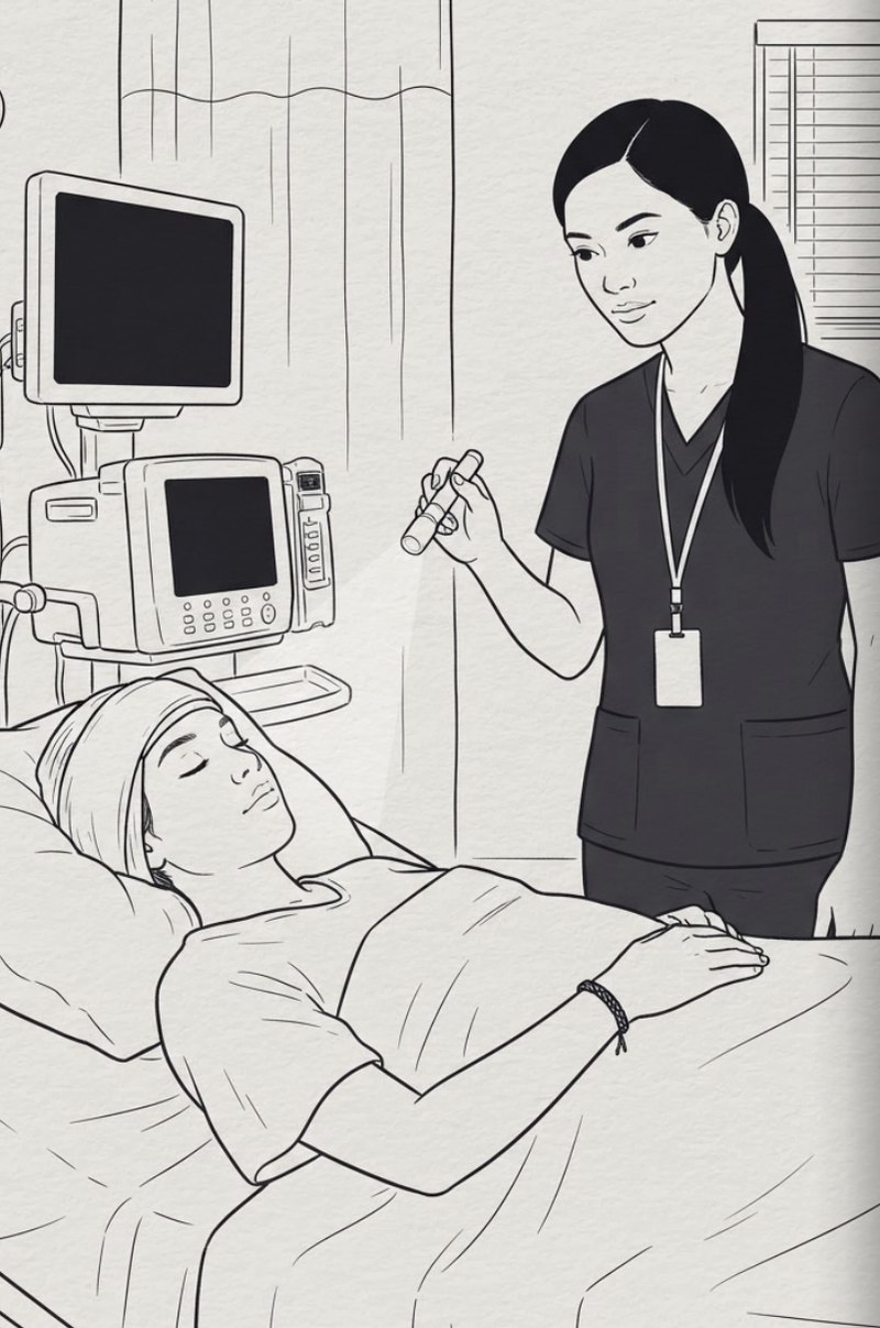 Ink illustration of the ICU nurse checking on Sofía, who sleeps with a bandage over the left side of her head