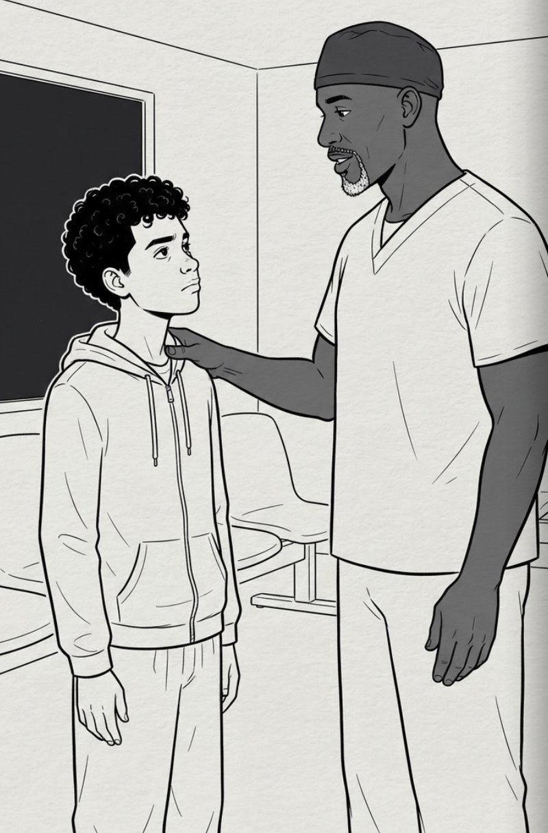 Ink illustration of the surgeon, a hand on Diego's shoulder, speaking with the sixteen-year-old in the waiting room