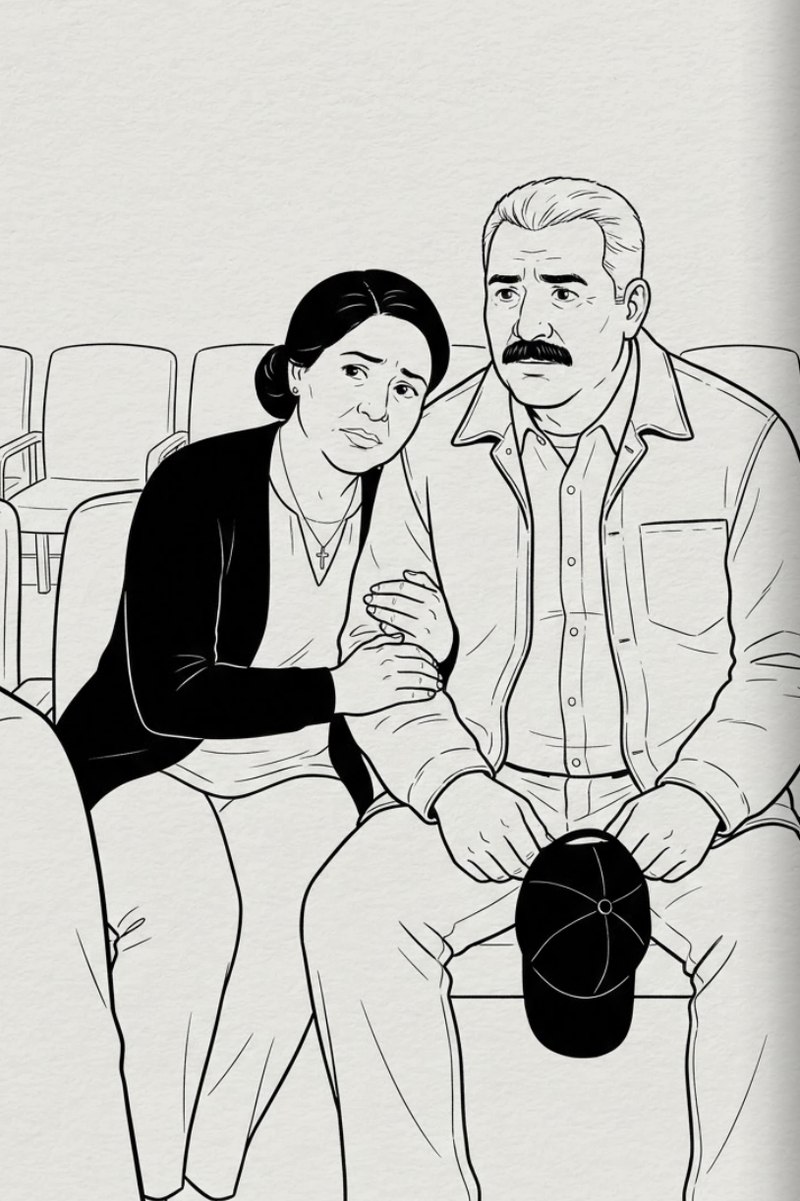 Ink illustration of Rosa gripping Miguel's arm in the waiting-room chairs, his baseball cap in his hands