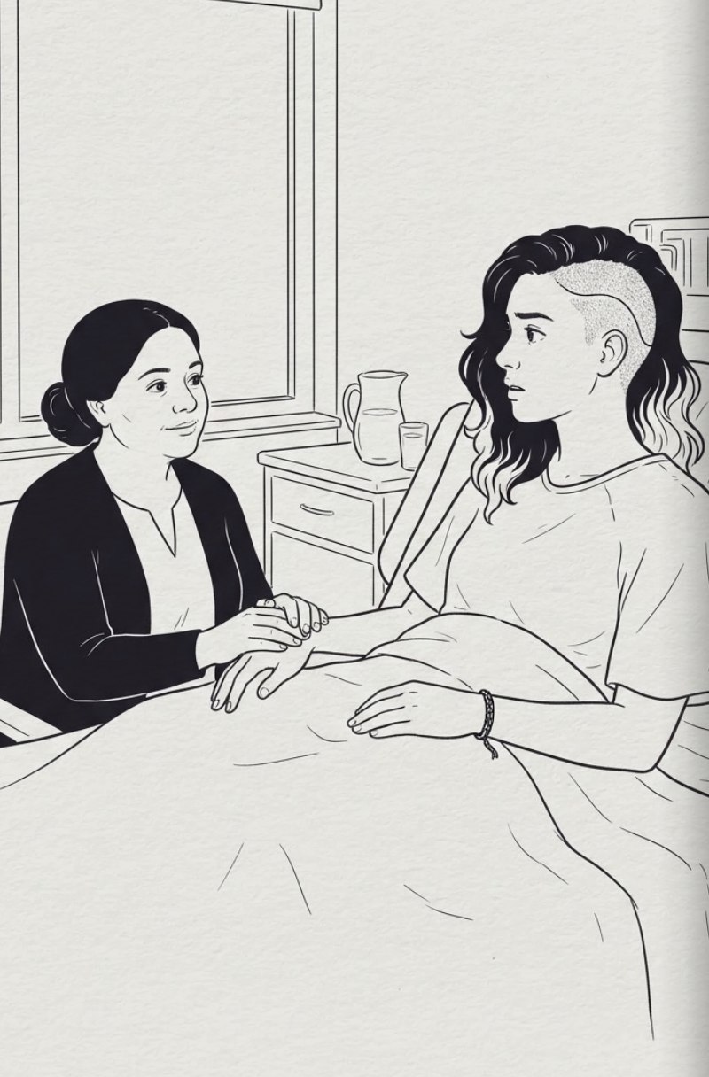 Ink illustration of Sofía awake in her hospital bed, the left side of her head shaved, Rosa sitting close and holding her hand