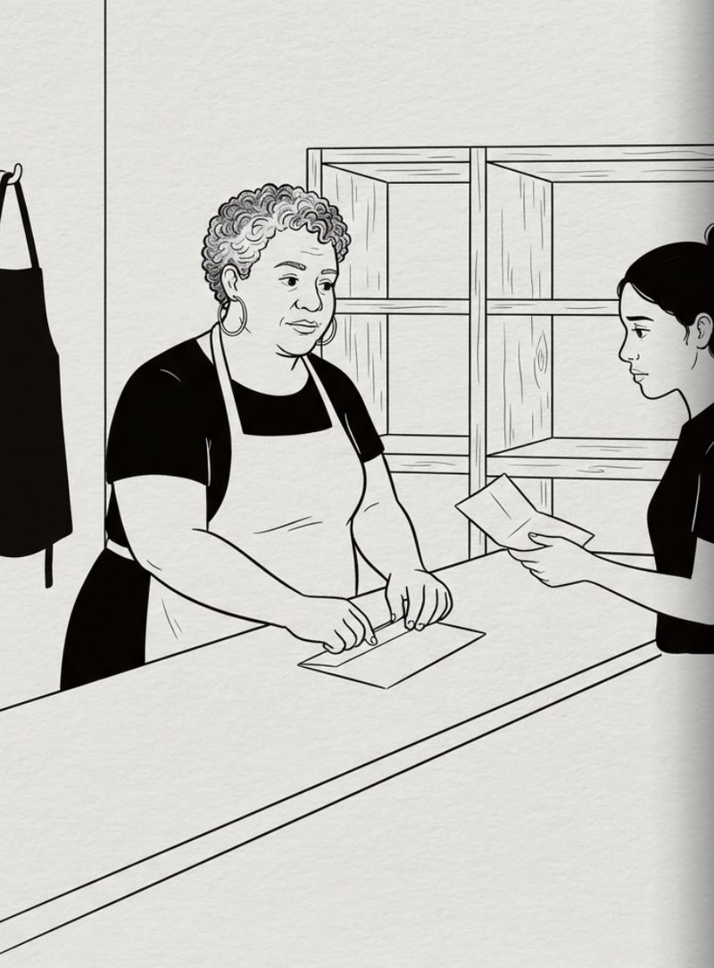 Ink illustration of Marisol at the bakery counter with an unmarked collection envelope, Sofía's empty apron on a hook behind her