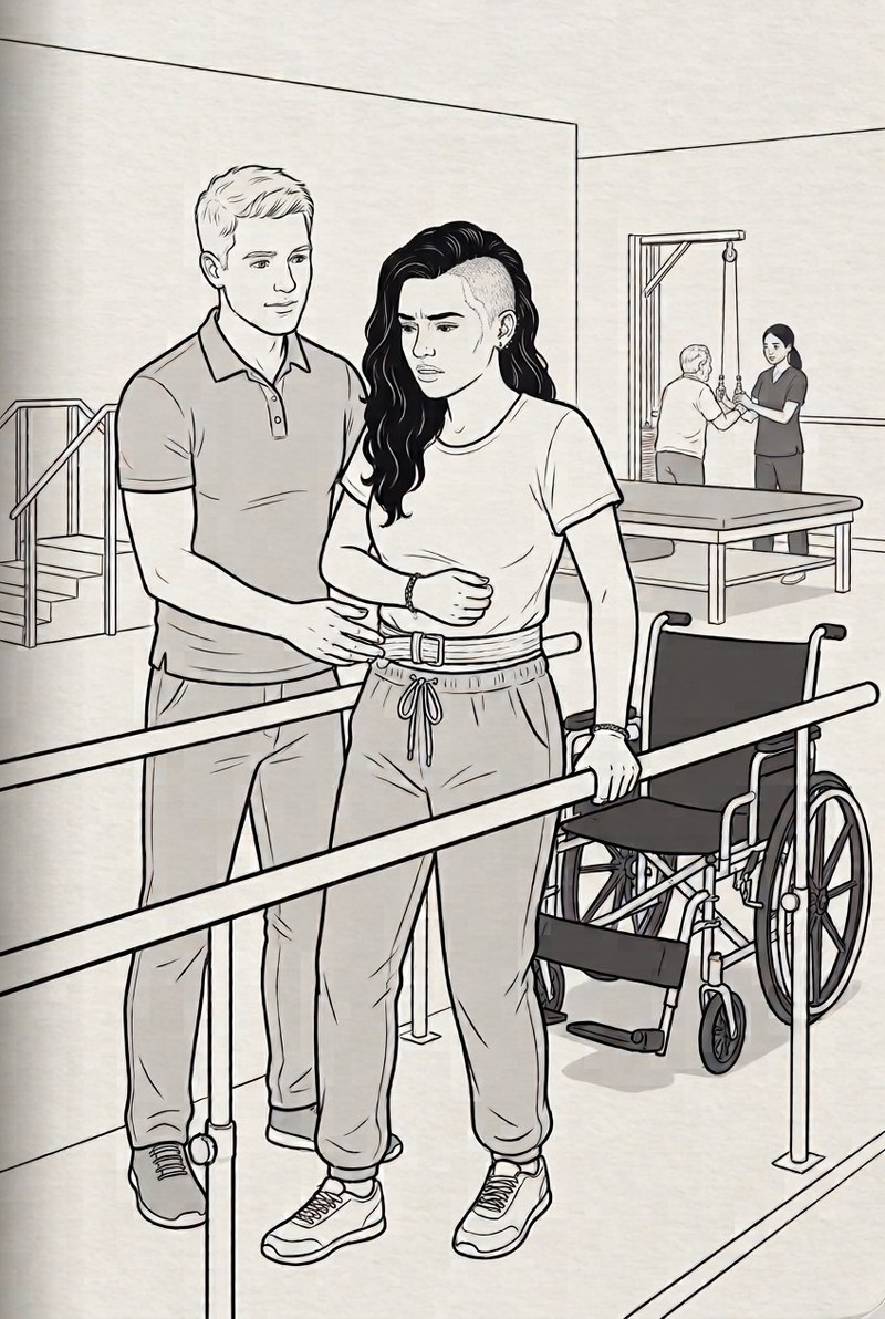 Ink illustration of Sofía working to stand at the parallel bars, Jake the physical therapist at her side, her wheelchair waiting just behind her