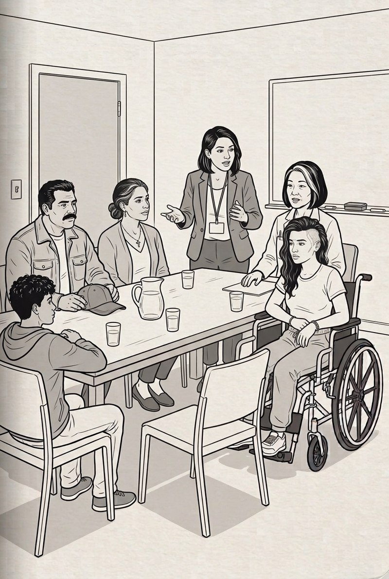 Ink illustration of a family meeting: Dr. Kim and Lucía the interpreter across the table from Rosa, Miguel, Sofía in her wheelchair, and Diego