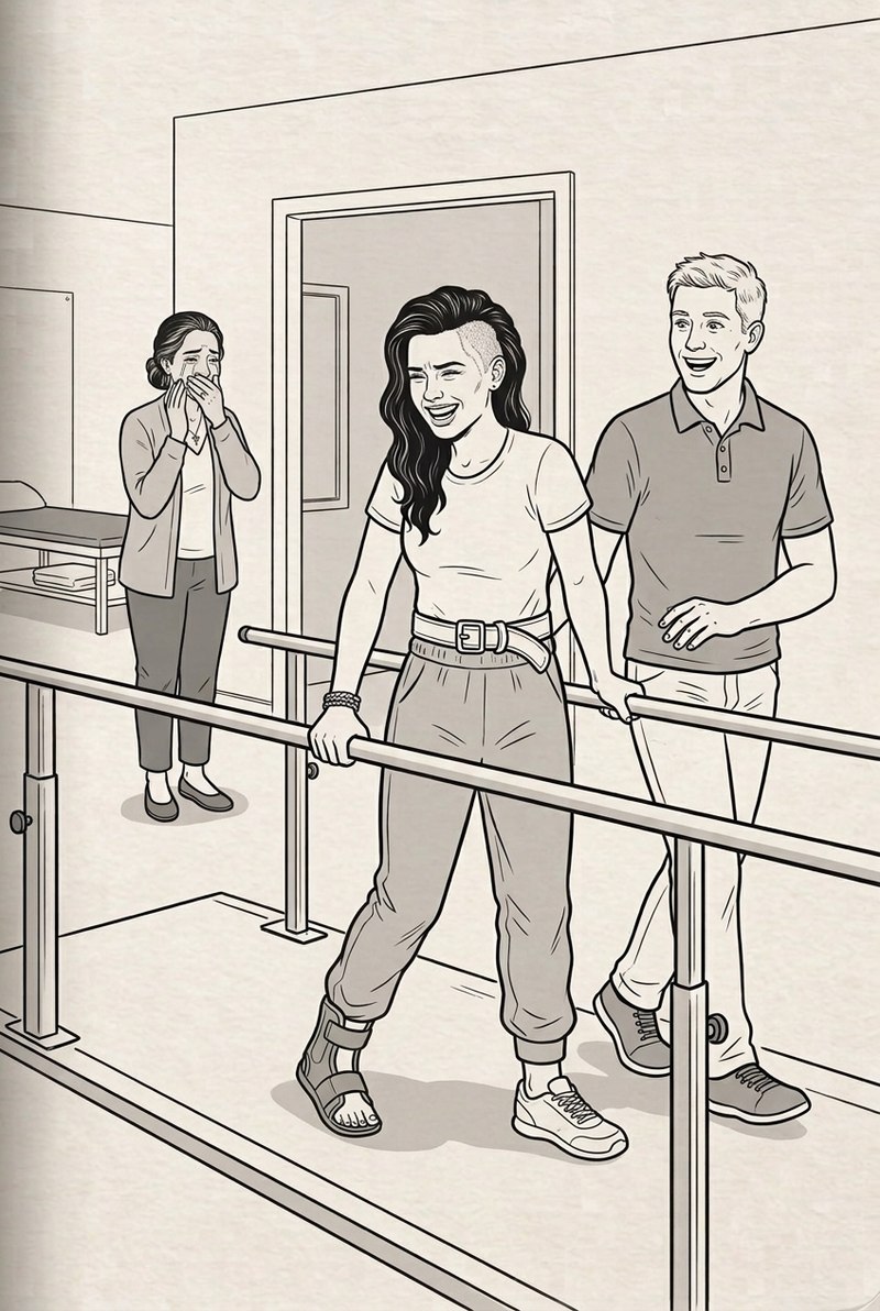 Ink illustration of Sofía taking her first step between the parallel bars, Jake beside her, Rosa crying happily in the doorway