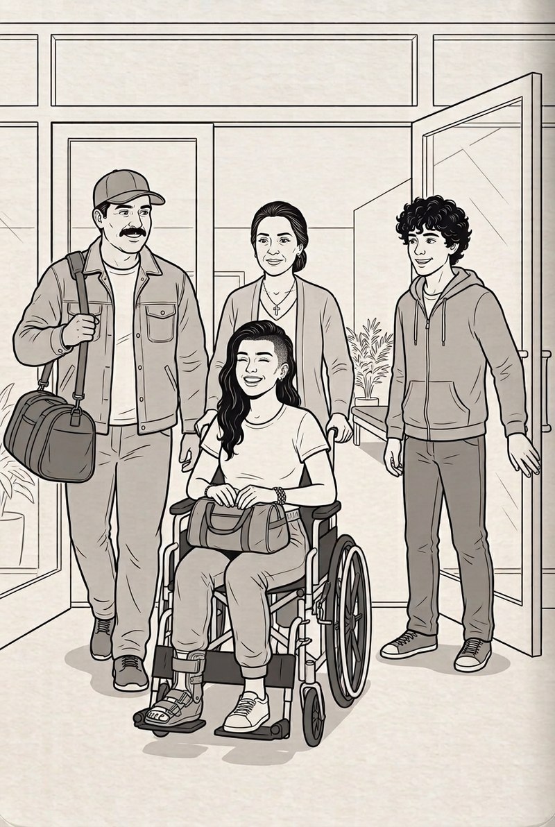 Ink illustration of discharge day: Rosa pushing Sofía's wheelchair through the glass doors, Miguel carrying the bags, Diego holding the door open